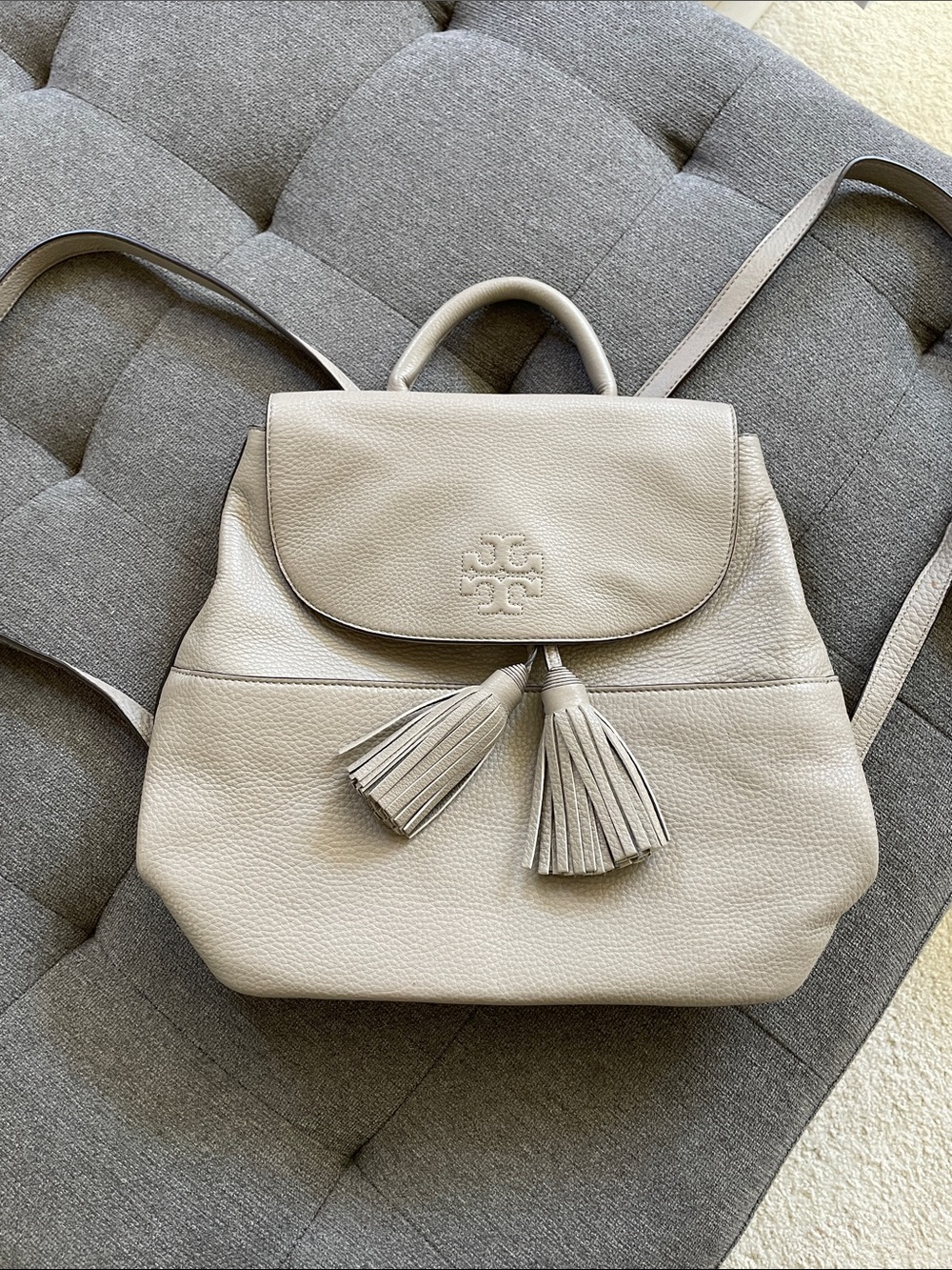 Tory Burch Pebbled Leather Tassel Backpack in Taupe Beige VG Cond